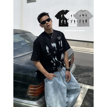 【SEMPLICITA】美式 街頭 幻影 人像 厚磅 短T 寬鬆 落肩 男女款 短袖 短Tee