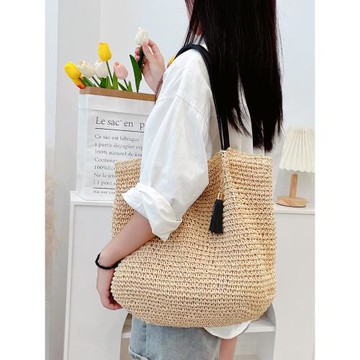手工編織包女2025新款大容量手提袋拉菲草托特草編包帆布包沙灘包
