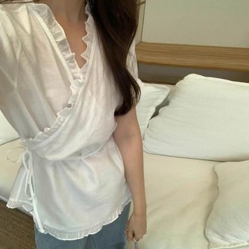 正韓女上衣 荷葉短袖雪紡衫CPC1033-創翊韓都