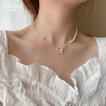 〔快速出貨〕【Gulicc】項鍊 輕奢珍珠蝴蝶鑲鑽氣質鎖骨鍊