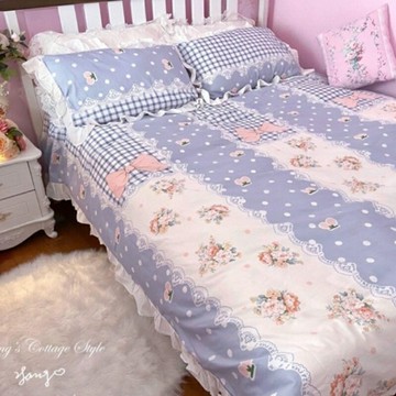 ｛現貨 附發票｝紫色荷葉邊 蝴蝶結 花束??全棉床包 寢具 生活用品 居家生活 公主風 可愛風 高質感 四件組 歐式 擺飾
