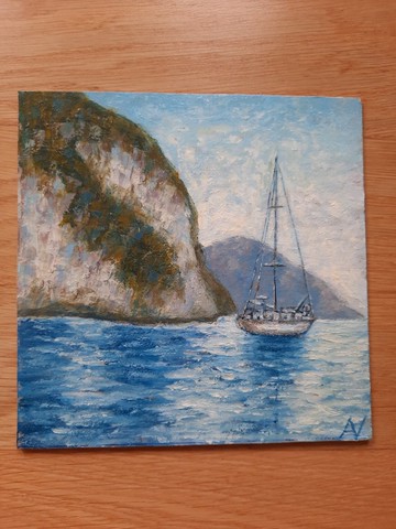 帆船原創油畫，藍海海景，地中海風格家居裝飾