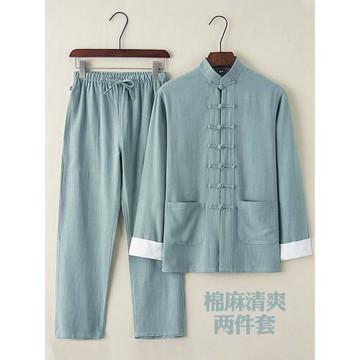唐裝男中老年中國風套裝男亞麻兩件套復古風棉麻古裝薄款居士服