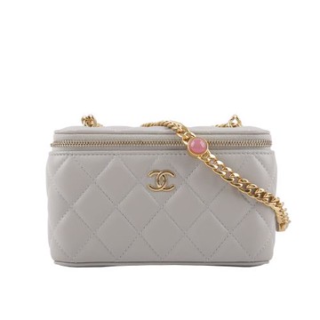 展示商品_CHANEL 霧金釦菱格紋小羊皮寶石鍊帶小方盒(灰色)