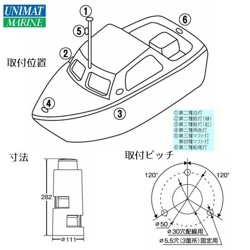 航海灯 LED 第二種三色灯 及び 第二種白灯 マストコンビネーション