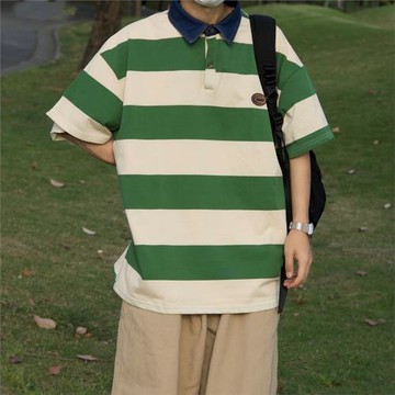 小藍仔 日系復古撞色條紋polo衫短袖T恤男夏季新款寬松學院風上衣