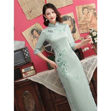 名麗莎長款重磅絲綢繡花高檔老上海修身復古旗袍裙敬酒服氣質禮服