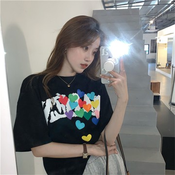 發泡字母愛心印花短袖T恤女夏新款ins設計感小眾寬松百搭上衣