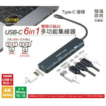 伽利略 USB-C 6in1 雙顯示輸出多功能集線器 U6HDP