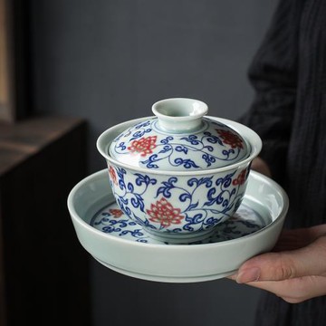 大號青花瓷復古蓋碗陶瓷三才茶備中式釉下彩泡茶碗手抓功夫茶壺