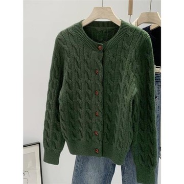 綠色針織毛衣外套開衫女春初秋2024新款外搭高級感韓系穿搭小上衣