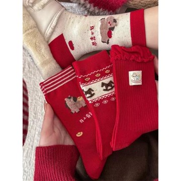 本命年紅襪子女中筒襪馬上有錢新年喜慶可愛卡通馬過年外穿長筒襪