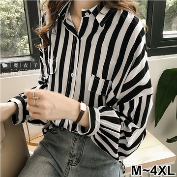 【QV2601】魔衣子-條紋前排釦假口長袖襯衫