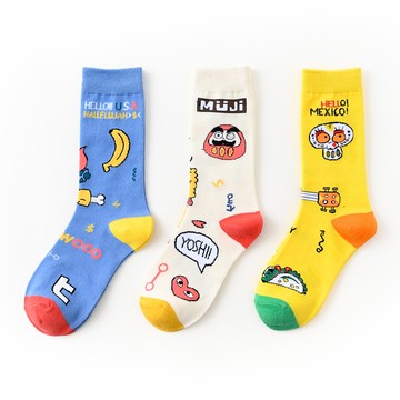 創意襪子 個性左右腳AB襪子 女襪 潮流香蕉仙人掌 可愛卡通 中幫襪