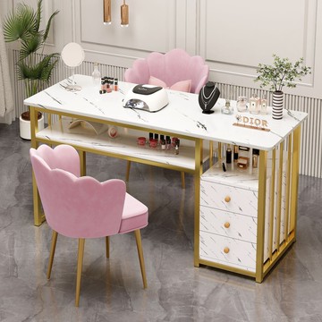 美甲店桌椅長方形化妝桌小戶型少女心ins風千鳥格輕奢雙層套裝