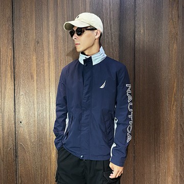 美國百分百【全新真品】NAUTICA 防風外套 立領 男款 帆船牌 風衣外套 logo 夾克 深藍 BI68