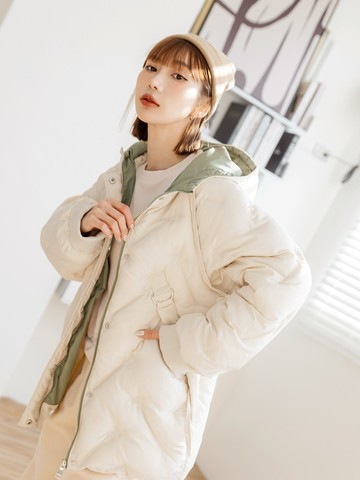 保暖鋪棉繡花跳色內裡長版連帽外套