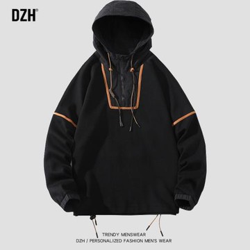 男生黑色半拉鏈連帽衛衣男春秋款潮牌寬松男裝2025年新款男士外套