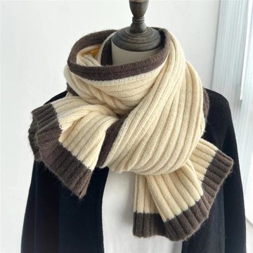 韓系溫柔風小眾設計感撞色米白色圍巾女冬季針織毛線百搭拼色圍脖