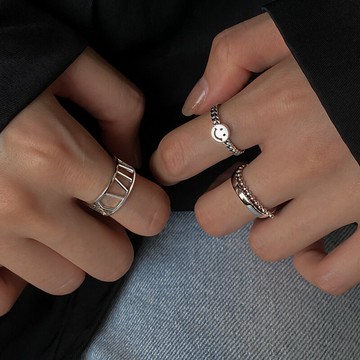 925純銀羅馬數字鏤空戒指女ins潮時尚笑臉個性冷淡風圓珠鏈食指戒