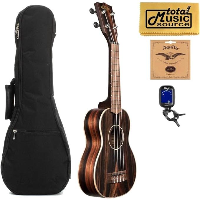 Kala KA-EBY-S Soprano Striped Ebony Satin Finish Ukulele w Gigbag Bundle