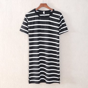 夏裝女裝中長裙短袖圓領條紋寬松腰T恤連衣裙子潮