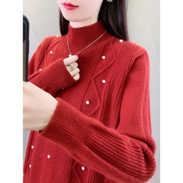 半高領安可拉紅設計感超好看爆款釘珠小高領毛衣女士內搭2025上衣