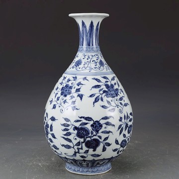 明宣德瓷器花卉瑞果紋玉壺春瓶仿古瓷器古董古玩明清老瓷器收藏品