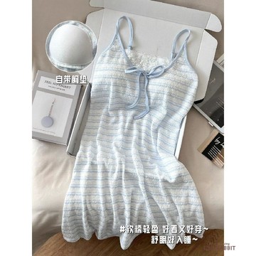 小清新少女條紋吊帶睡裙女夏季新款純欲帶胸墊一體睡衣家居裙寬鬆睡衣夏天睡衣休閒睡衣甜美睡衣短袖睡衣