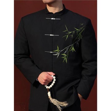 新中式國風中山裝翠竹飛機扣立領西裝外套男高級感套裝唐裝西服潮