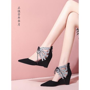 蝴蝶結包頭坡跟涼鞋女磨砂真皮柔軟尖頭系帶單鞋夏水鉆亮片高跟鞋