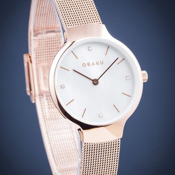 OBAKU 閃耀貝殼晶鑽時尚腕錶-玫瑰金/29mm(V241LXVWMV)