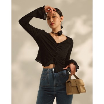 CHIC A SPACE V領皺皺透肌木耳捲套裝(黑/杏) 女裝 現貨 氣質 高級感