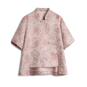 專柜撤回尾單改良斜襟盤扣織錦緞襯衫女寬松顯瘦新中式國風上衣