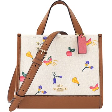 COACH 奶茶色蝴蝶圖樣織紋撞色拼接手提/斜背兩用包