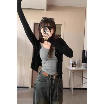 (免運)黑色冰絲針織防曬開衫女2025年新款秋季配吊帶裙外搭短款披肩罩衫