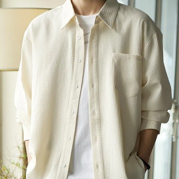 美式華夫格襯衫男高級感寬鬆長袖提花褶皺肌理感暗紋襯衫男