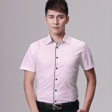 夏季薄款短袖襯衫男休閑職業工裝拼接淺粉色襯衣男半袖寸衫青年裝
