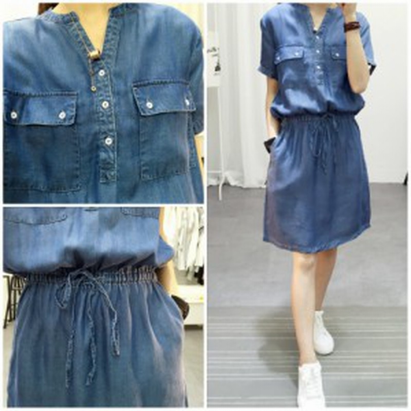 デニム ワンピース Aライン ヒザ丈 半袖 デニムワンピース Vネック シャツワンピ ウエストマーク 可愛い 軽やか 春夏 レディース 通販 Lineポイント最大3 0 Get Lineショッピング