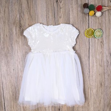 外貿歐美女童春夏款公主裙薄紗裙亮片禮服裙子女孩洋裝白色連衣裙