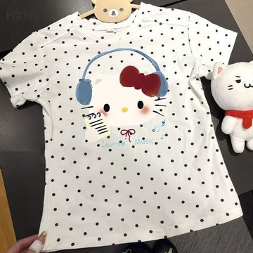 【可愛貓咪】HelloKitty貓波點短袖T恤 女 2026夏季 新款 慵懶風 可愛上衣 小眾 學生 短袖上衣 貓上衣
