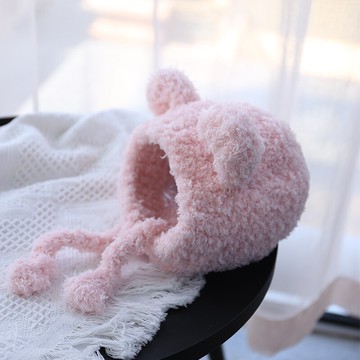 韓國單寶寶包頭帽熊耳朵絨毛護耳帽兒童綁帶保暖帽小童冬帽御寒帽1入