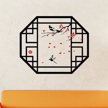 中式古典假窗墻貼紙 喜鵲梅花書房客廳電視沙發墻背景裝飾貼創意1入