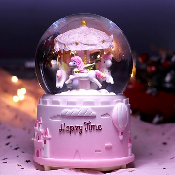 旋轉木馬八音盒兒童閨蜜女生生日禮物飄雪情人節水晶球音樂盒擺件