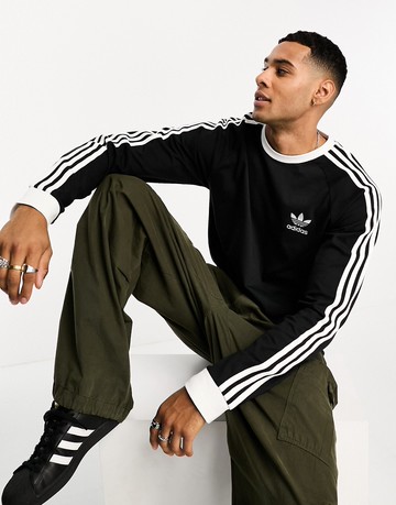 adidas Originals 3-stipe long sleeve t-shirt in black