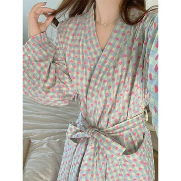 DUYI~夢詩 睡衣女款日系和服春秋季浴袍愛心格子寬鬆休閒長袖長款睡袍家居服