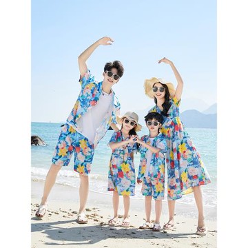 沙灘海邊親子裝夏短袖一家三口四口套裝母子母女連衣裙2024新款潮