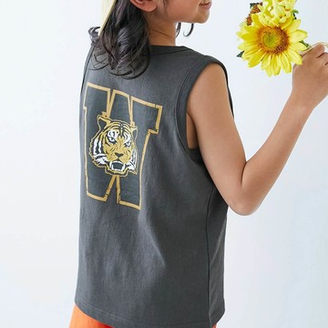 日本 devirock - 100%棉 定番印花無袖上衣-背後老虎-灰黑