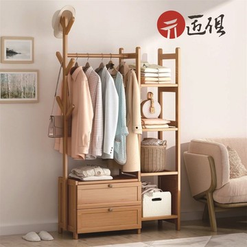 多功能衣帽架 吊衣架 掛衣架 落地衣帽架 開放式掛衣架 收納櫃 茶色帶門50×30×157CM