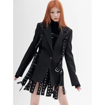 CHICEVER時尚辣妹風黑色飄帶套裝暗黑風系帶流蘇搭扣西裝外套上衣